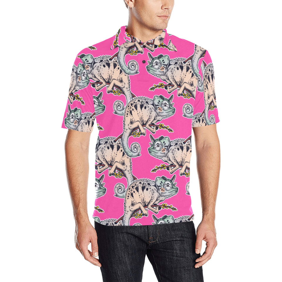 Chameleon lizard pattern pink background Men's All Over Print Polo Shirt