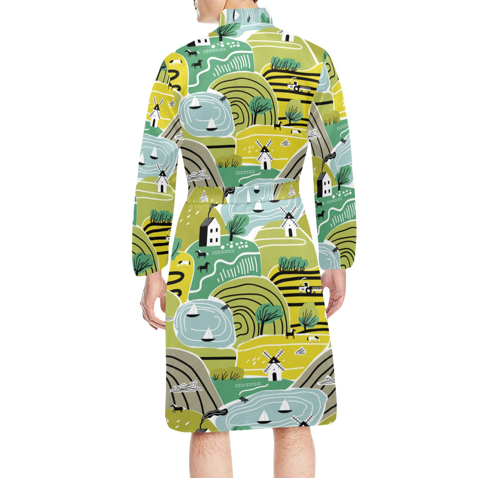 Hand drawn windmill pattern Men's Long Sleeve Belted Night Robe