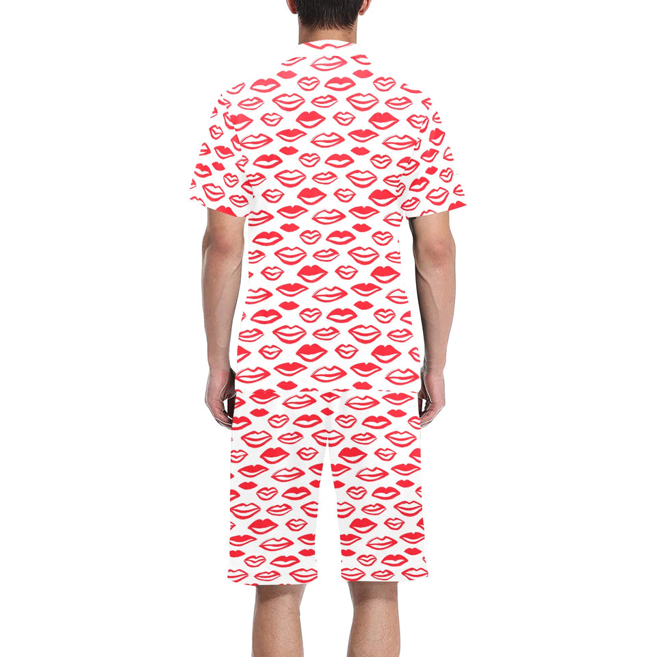 Lips Pattern Print Design 05 Men's V-Neck Short Pajama Set