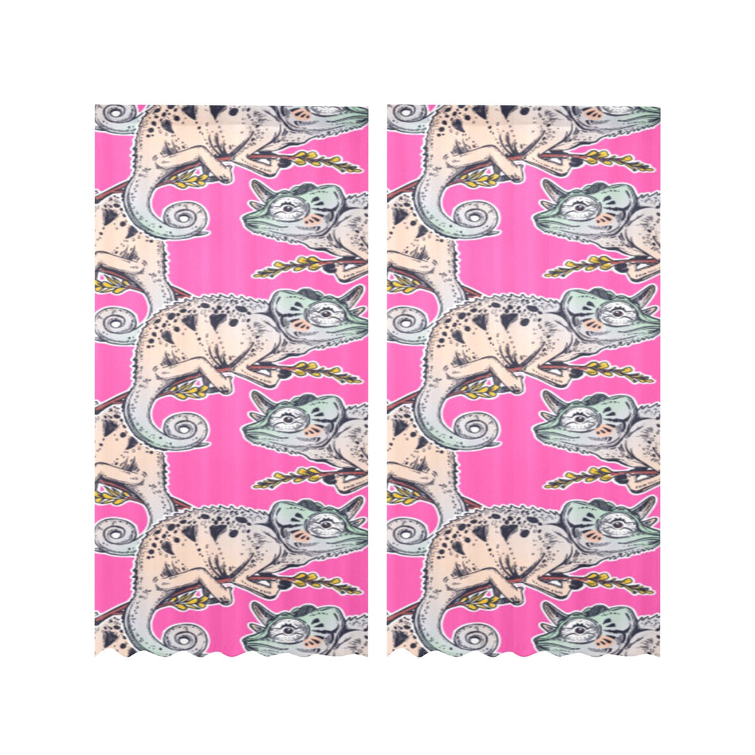Chameleon lizard pattern pink background Gauze Curtain