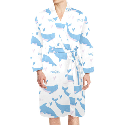 Blue whale pattern Men's Long Sleeve Belted Night Robe