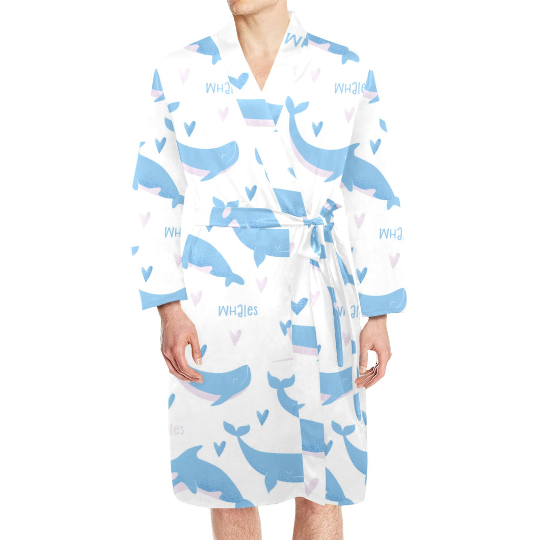 Blue whale pattern Men's Long Sleeve Belted Night Robe