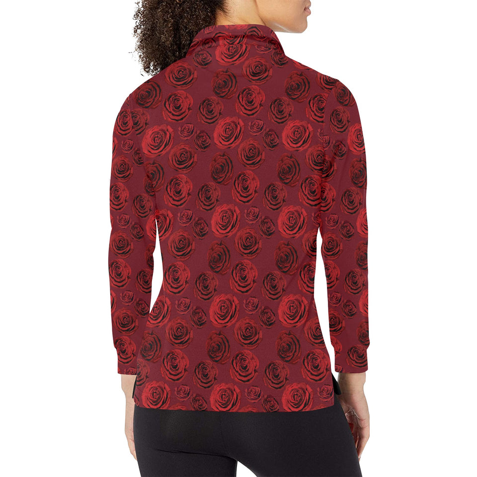 Rose Pattern Print Design 03 Women's Long Sleeve Polo Shirt