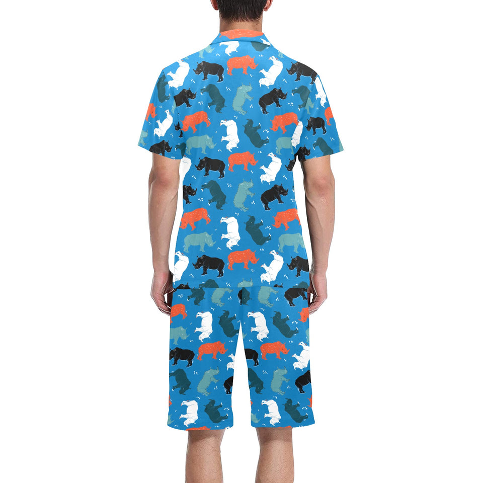 Colorful rhino pattern Men's V-Neck Short Pajama Set