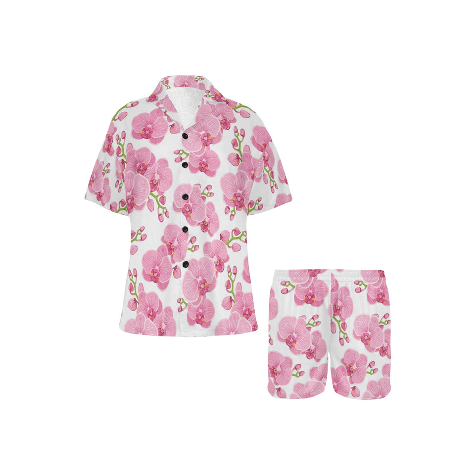 pink purple orchid pattern background Women's V-Neck Short Pajama Set