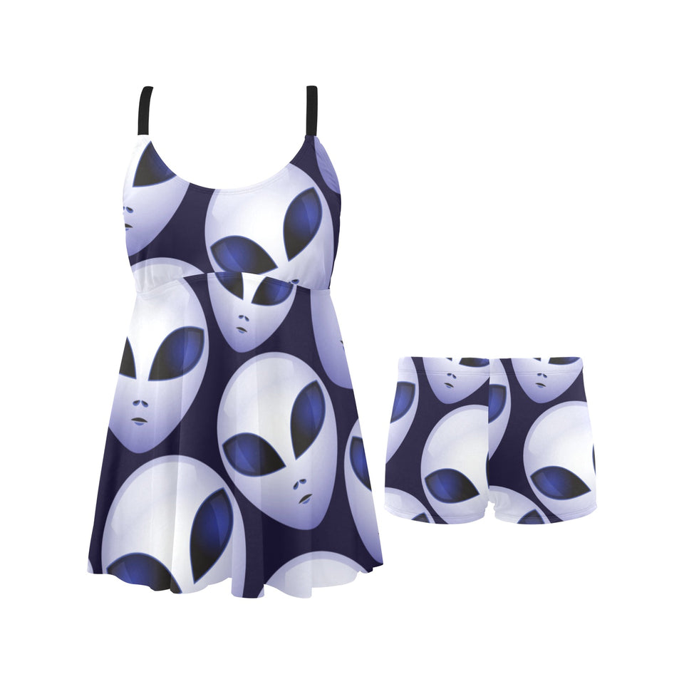 Alien Pattern Print Design 01 Chest Sexy Pleated Two Piece Swim Dress