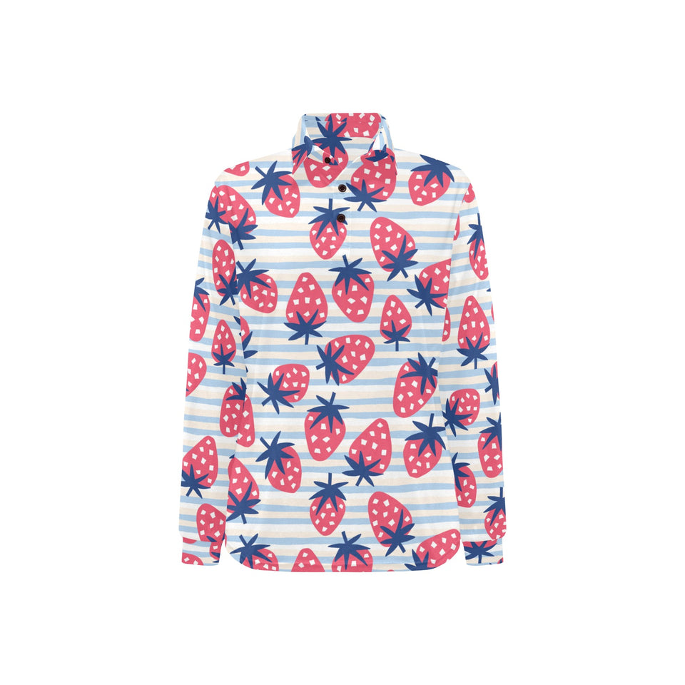 Strawberry pattern blue lines background Women's Long Sleeve Polo Shirt