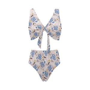 Cute peacock pattern Chest Bowknot High Waisted Bikini Swimsuit