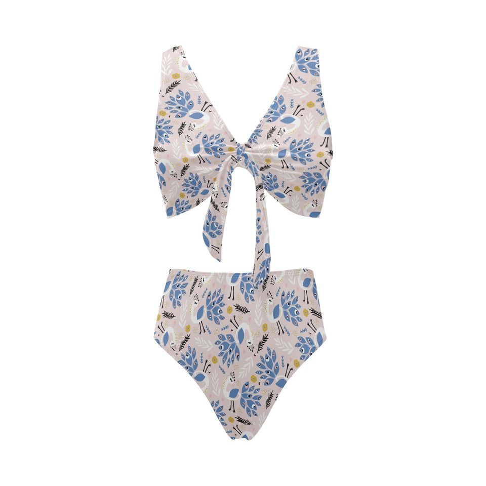 Cute peacock pattern Chest Bowknot High Waisted Bikini Swimsuit
