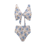 Cute peacock pattern Chest Bowknot High Waisted Bikini Swimsuit