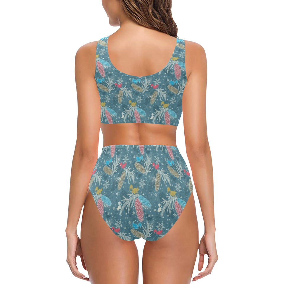 Squirrel Pattern Print Design 01 Chest Bowknot High Waisted Bikini Swimsuit