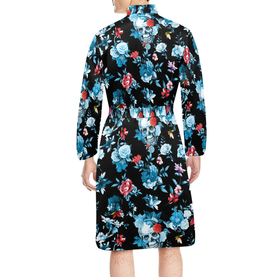 Skull flower roses leave pattern Men's Long Sleeve Belted Night Robe