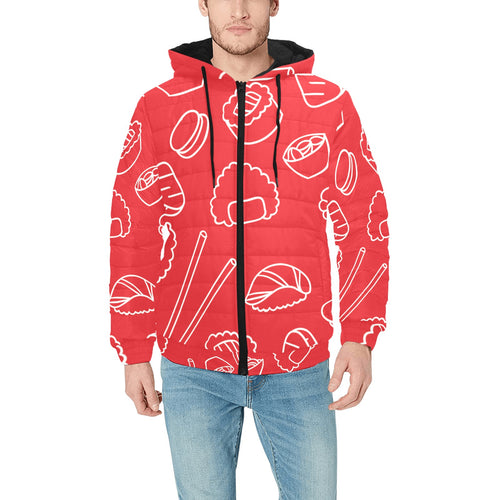 sushi pattern red background Men's Padded Hooded Jacket