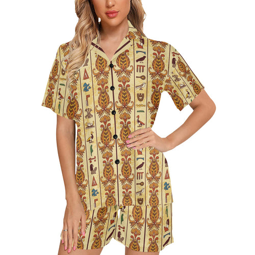 Egypt Hieroglyphics Pattern Print Design 04 Women's V-Neck Short Pajama Set