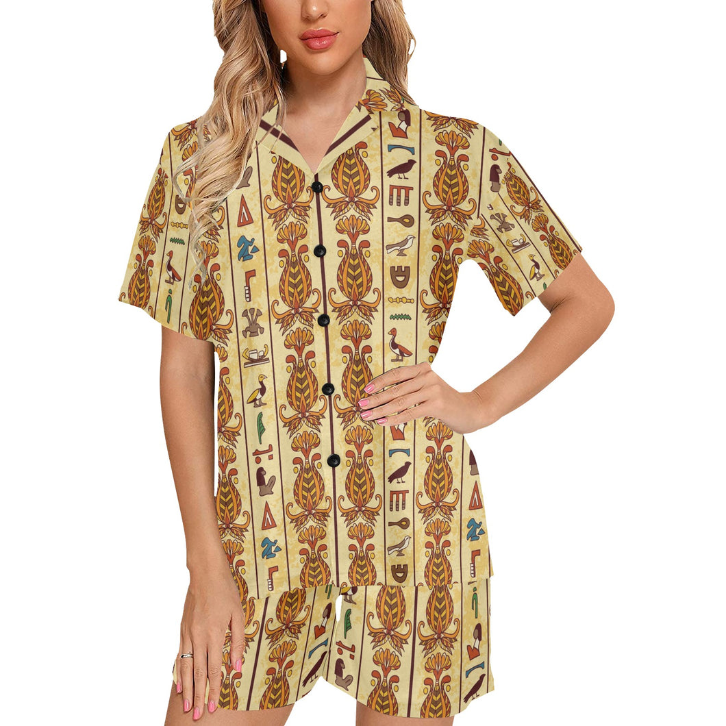 Egypt Hieroglyphics Pattern Print Design 04 Women's V-Neck Short Pajama Set
