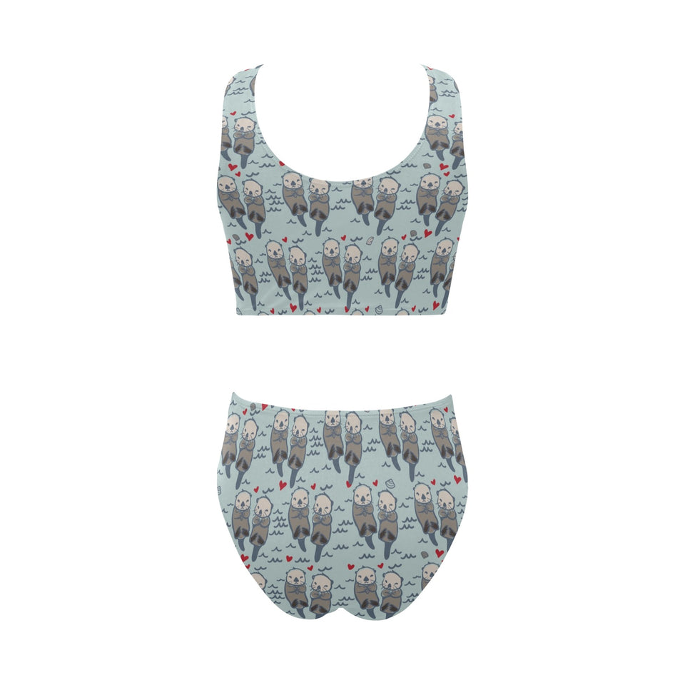 Lovely Sea Otter Pattern Chest Bowknot High Waisted Bikini Swimsuit