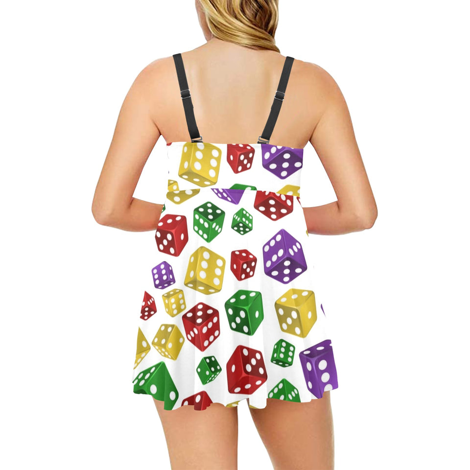 Dice Pattern Print Design 03 Chest Sexy Pleated Two Piece Swim Dress