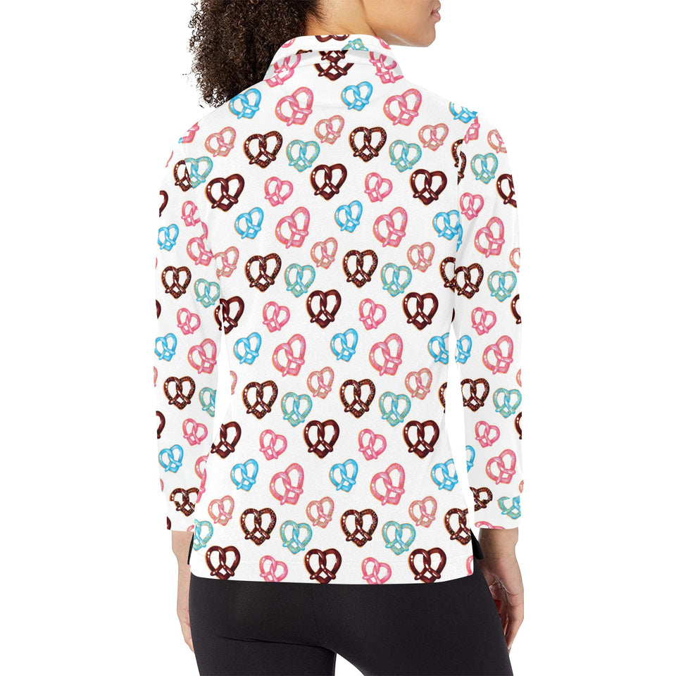 Pretzels Pattern Print Design 04 Women's Long Sleeve Polo Shirt