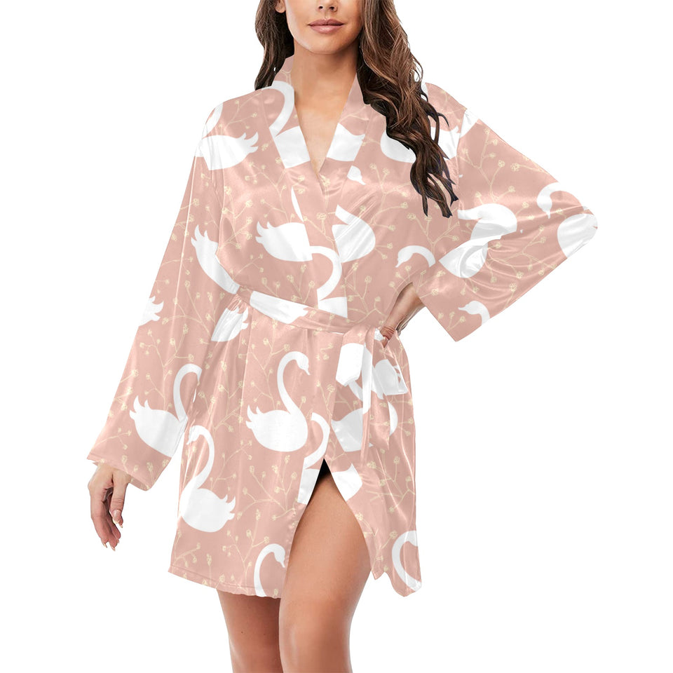 Swan flower light pink background Women's Long Sleeve Belted Night Robe