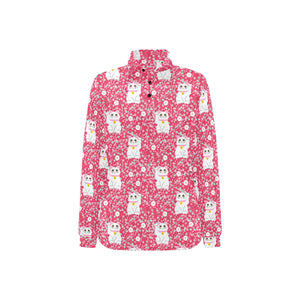 Maneki neko cat sakura pink background Women's Long Sleeve Polo Shirt