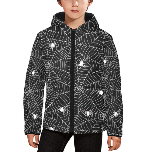 Spider web design pattern Black background white c Kids' Boys' Girls' Padded Hooded Jacket