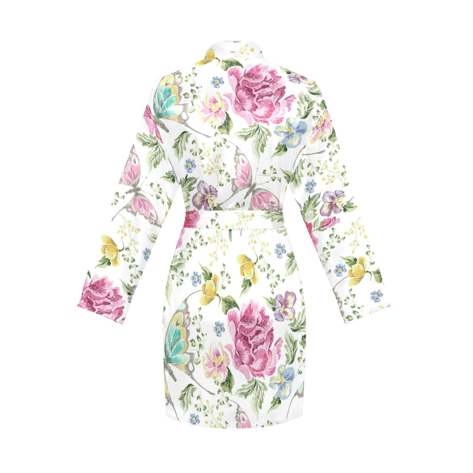 Hand drawn butterfly rose Women's Long Sleeve Belted Night Robe