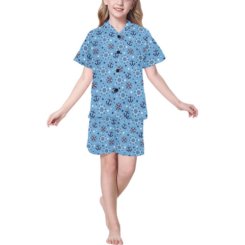 Anchors rudder compass star nautical pattern Kids' Boys' Girls' V-Neck Short Pajama Set