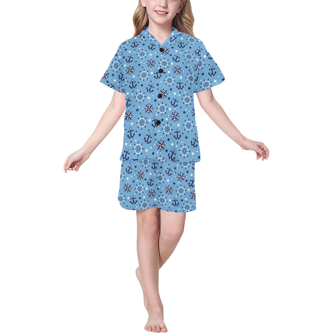 Anchors rudder compass star nautical pattern Kids' Boys' Girls' V-Neck Short Pajama Set
