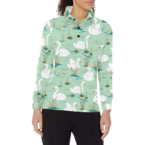 White swan lake pattern Women's Long Sleeve Polo Shirt