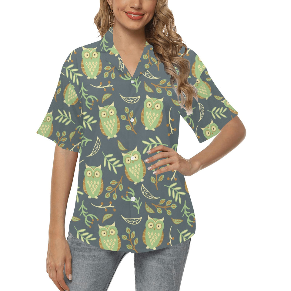 Cute owls leaves pattern Women's All Over Print Hawaiian Shirt