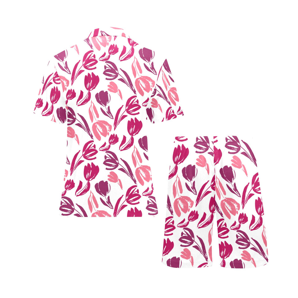 pink sketch tulip pattern Men's V-Neck Short Pajama Set