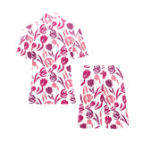 pink sketch tulip pattern Men's V-Neck Short Pajama Set