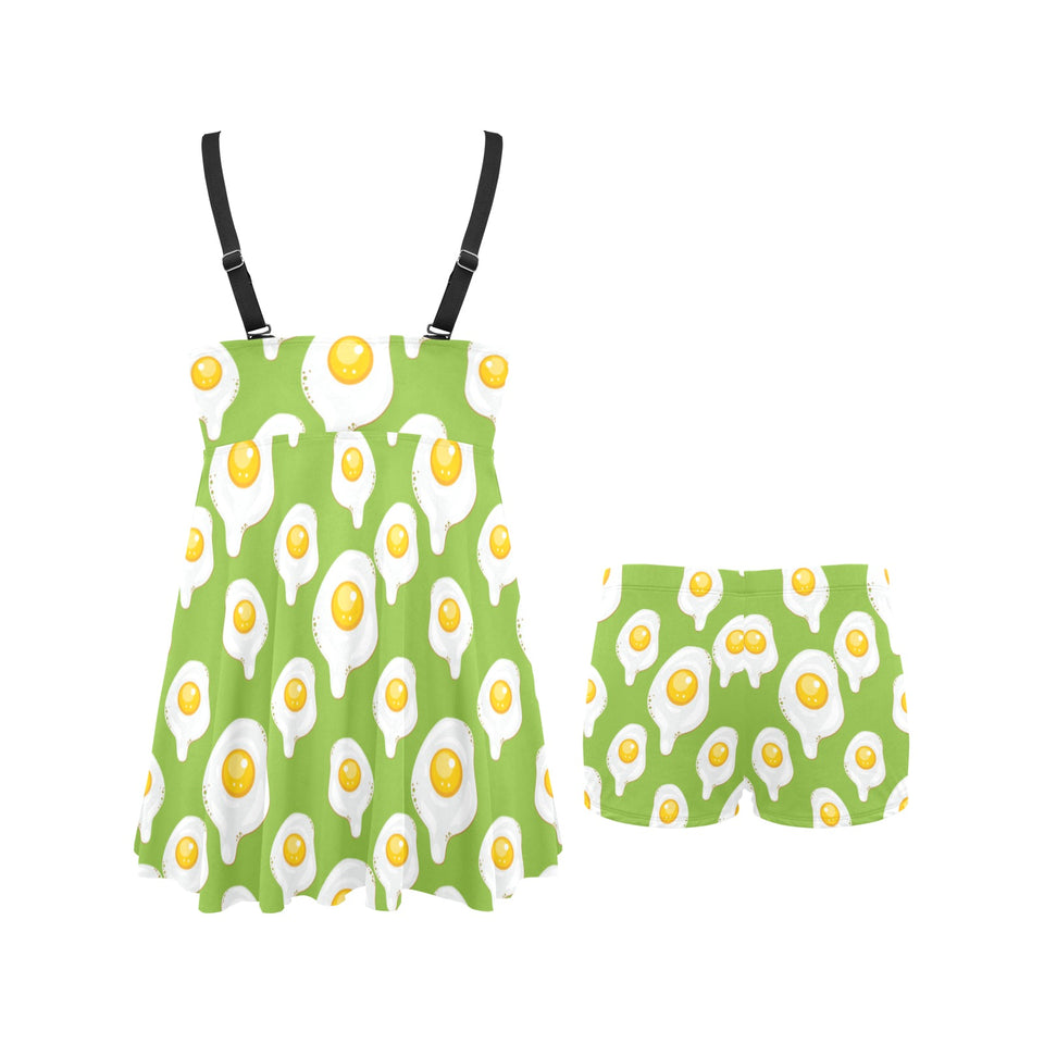 Fried Eggs Pattern Print Design 01 Chest Sexy Pleated Two Piece Swim Dress