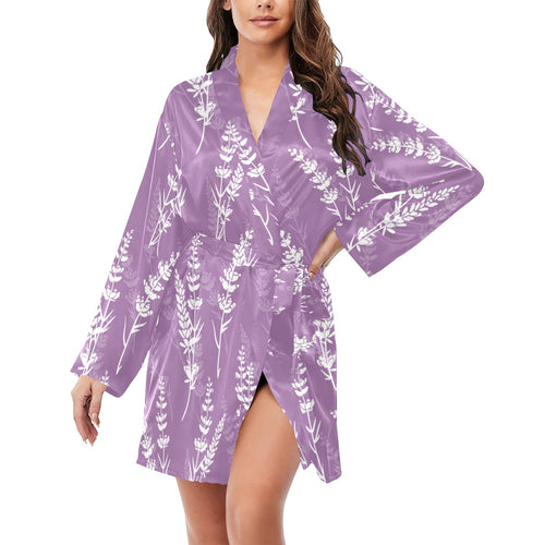 Lavender flowers purple pattern Women's Long Sleeve Belted Night Robe