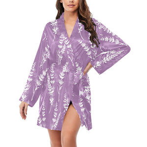 Lavender flowers purple pattern Women's Long Sleeve Belted Night Robe