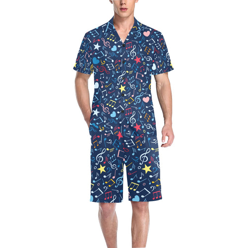 Music Notes Pattern Print Design 03 Men's V-Neck Short Pajama Set