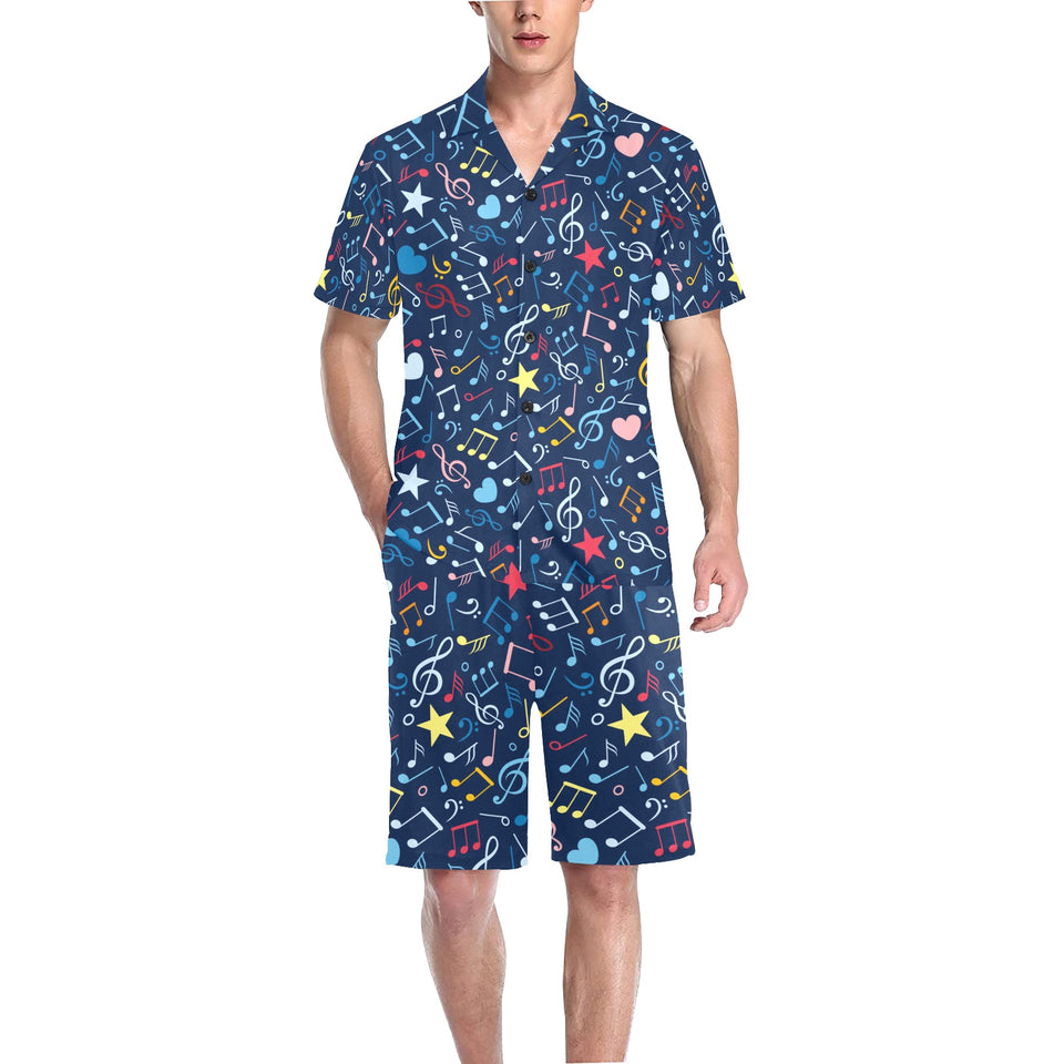 Music Notes Pattern Print Design 03 Men's V-Neck Short Pajama Set