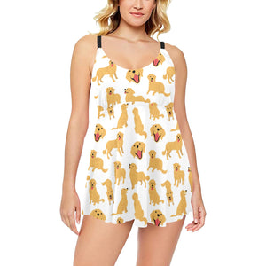 Golden Retriever Pattern Print Design 05 Chest Sexy Pleated Two Piece Swim Dress