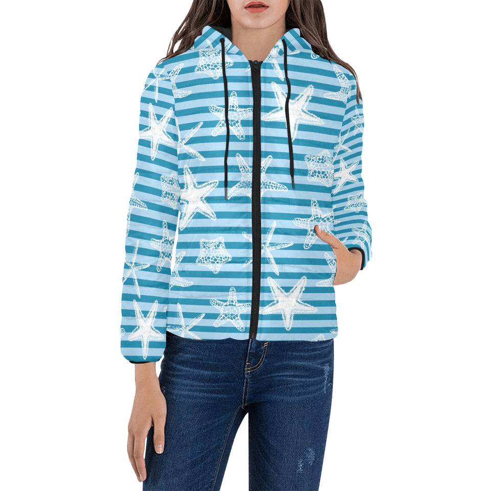 Starfish blue blackground Women's Padded Hooded Jacket