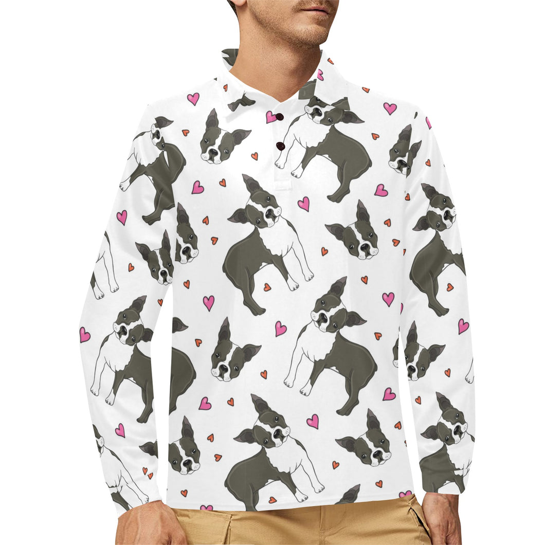 Boston terrier dog hearts vector pattern Men's Long Sleeve Polo Shirt