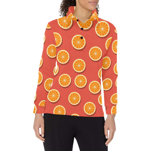 Oranges pattern red background Women's Long Sleeve Polo Shirt