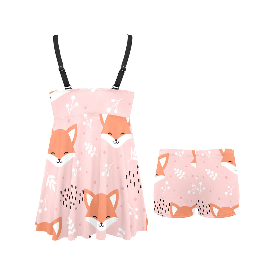 Cute fox pattern pink background Chest Sexy Pleated Two Piece Swim Dress