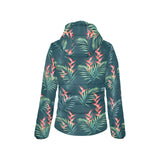 heliconia flowers, palm and monstera leaves on bla Women's Padded Hooded Jacket