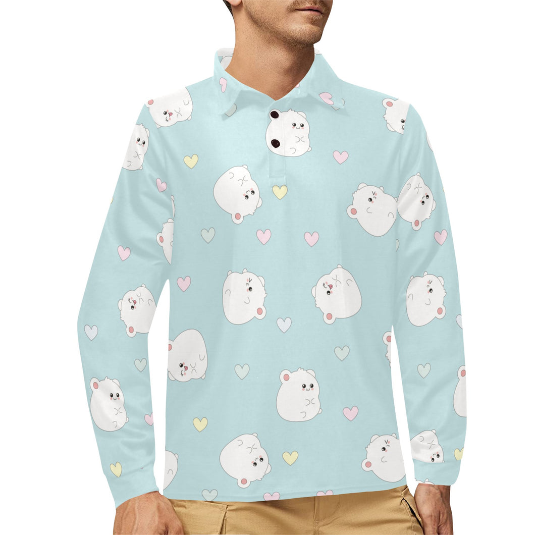White cute hamsters heart pattern Men's Long Sleeve Polo Shirt