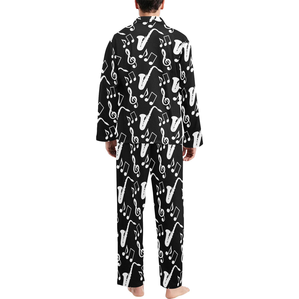 Saxophone music notes treble clef black white them Men's Long Pajama Set