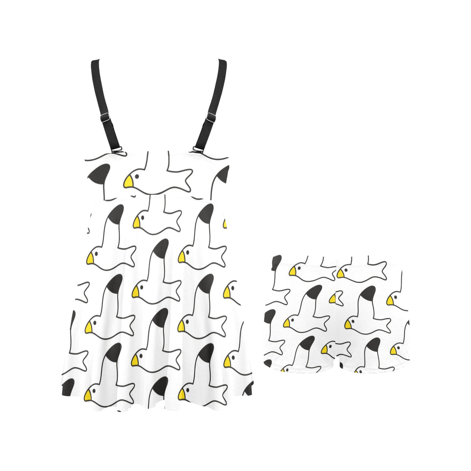 Seagull Pattern Print Design 05 Chest Sexy Pleated Two Piece Swim Dress