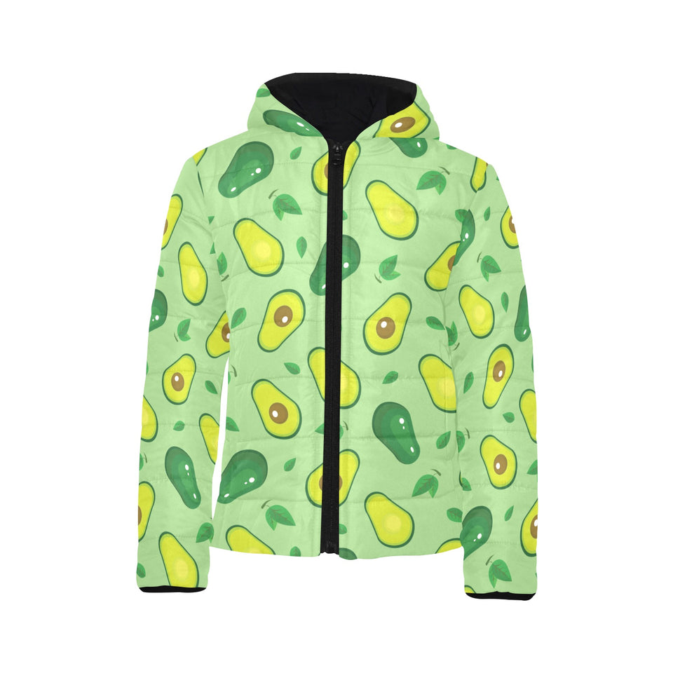 Avocado pattern green background Kids' Boys' Girls' Padded Hooded Jacket