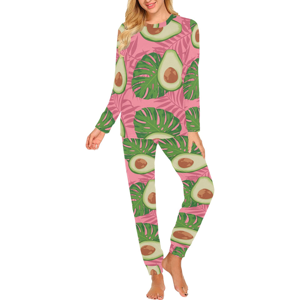 Avocado slices leaves pink back ground Women's All Over Print Pajama Set