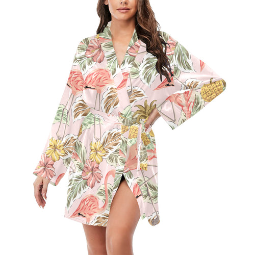 Pink flamingo birds pineapples hibiscus flower pat Women's Long Sleeve Belted Night Robe