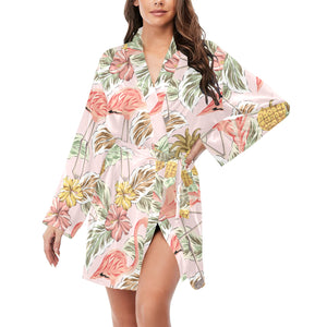 Pink flamingo birds pineapples hibiscus flower pat Women's Long Sleeve Belted Night Robe
